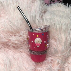 Pink Embellished Stainless Steel Tumbler with Straw unique 1 of a kind